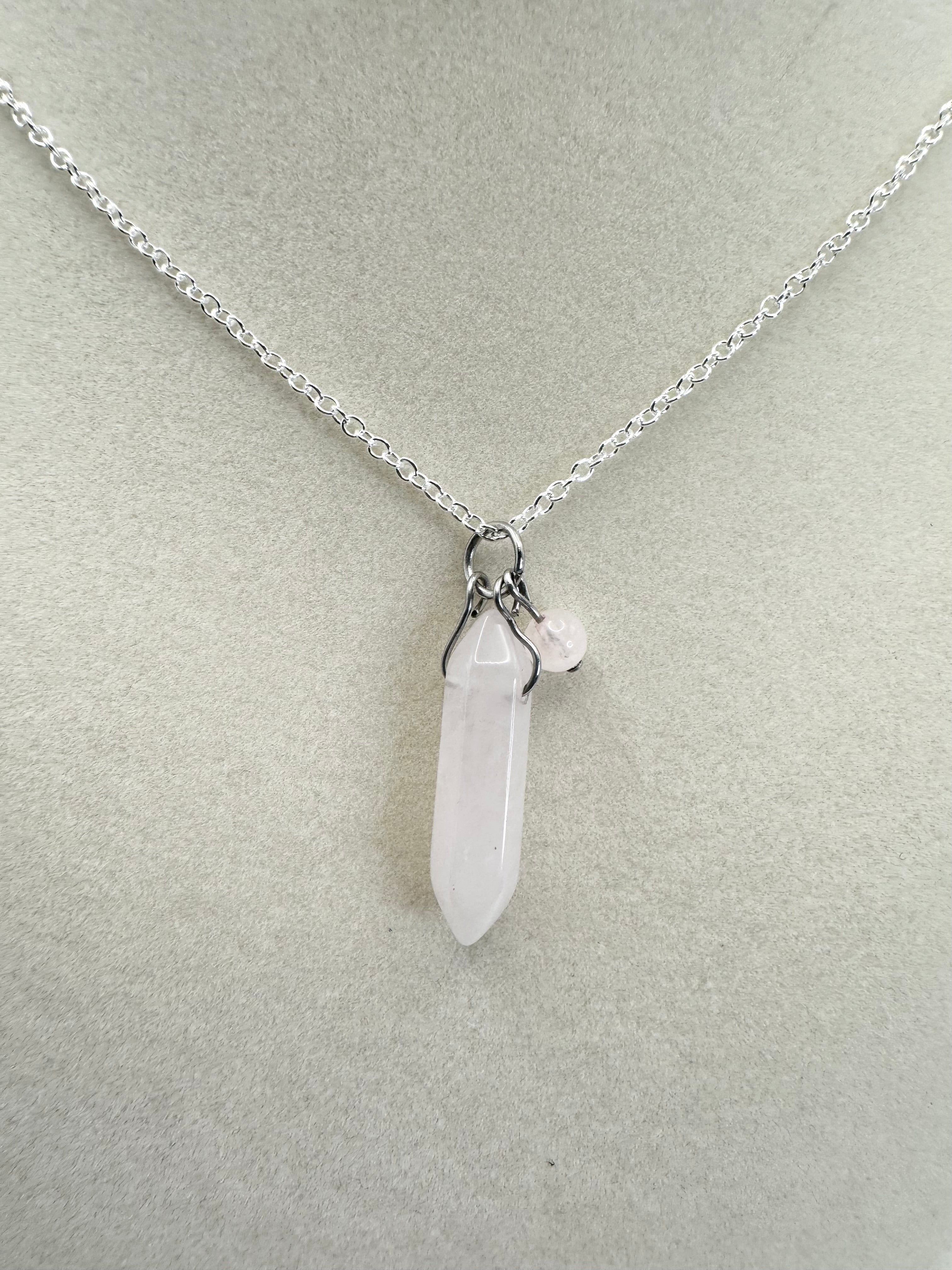 handmade rose quartz silver necklace
