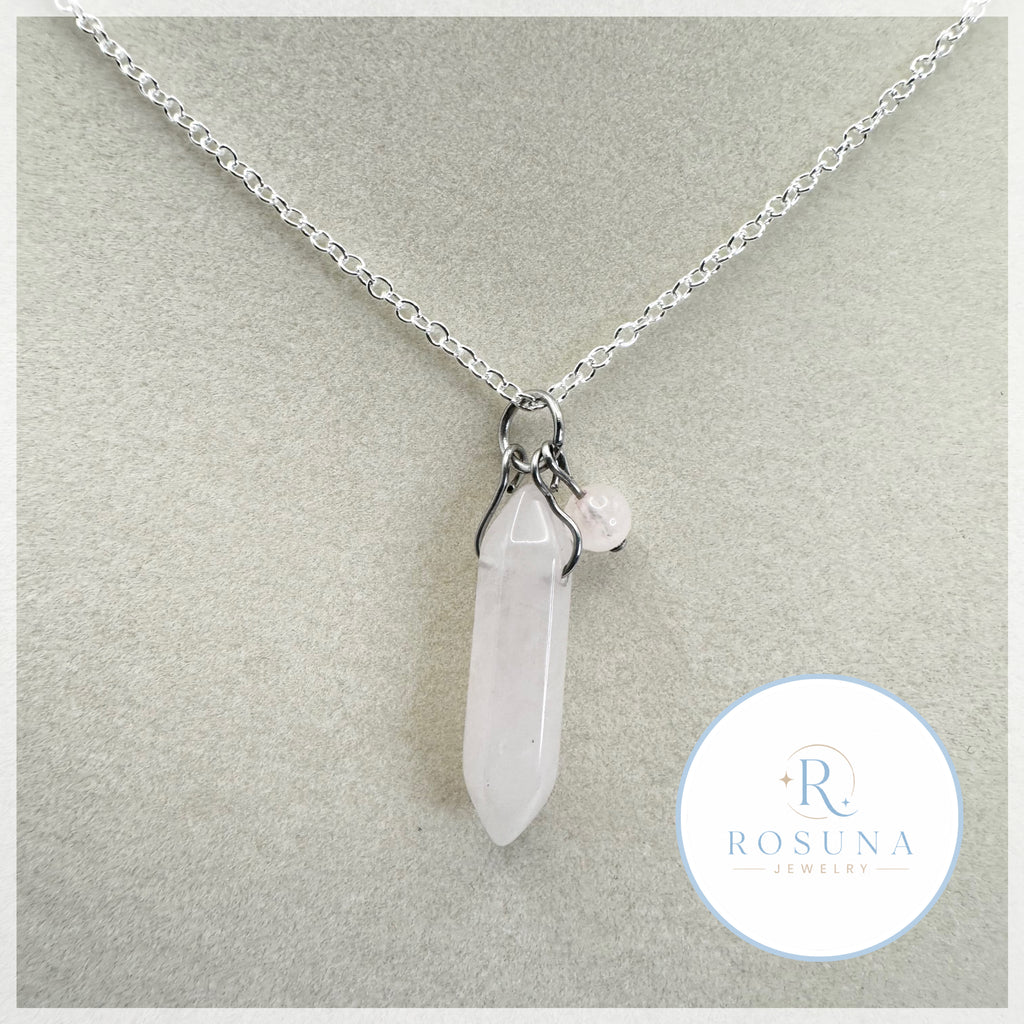 handmade rose quartz silver necklace